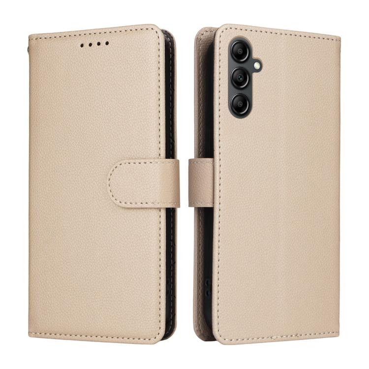 Funda de cuero tipo billetera con bloqueo RFID para Samsung Galaxy A14 4G/5G, textura Litchi, para 3 tarjetas (beige)