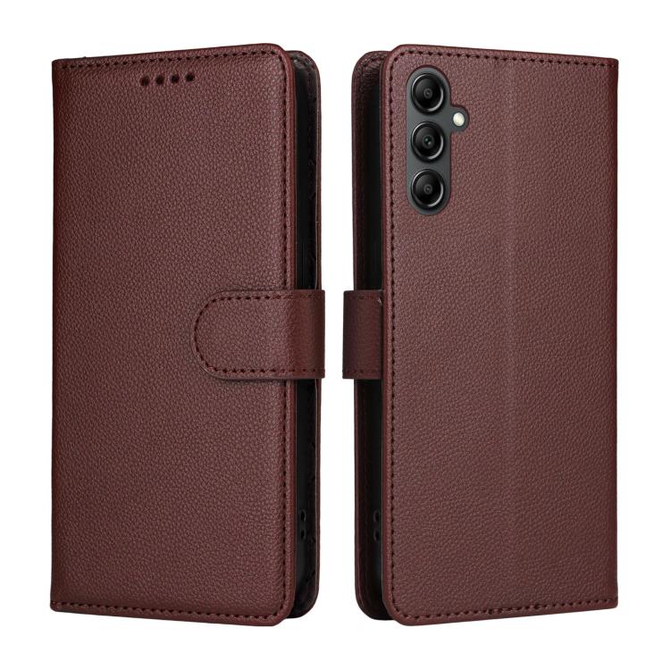 Funda de cuero con textura Litchi para Samsung Galaxy A14 4G/5G, con bloqueo RFID y capacidad para 3 tarjetas (marrón)
