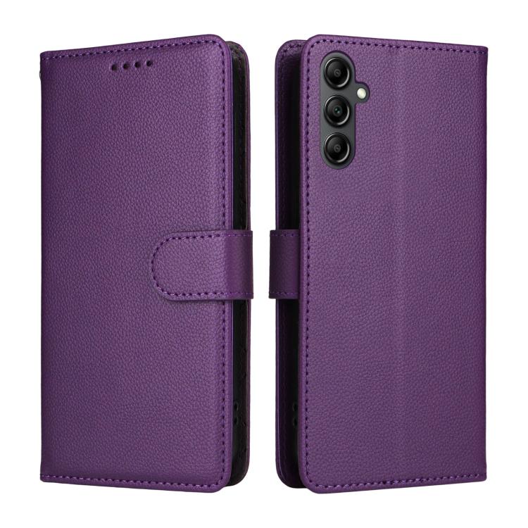 Funda de cuero tipo billetera con bloqueo RFID para Samsung Galaxy A14 4G/5G, textura Litchi, para 3 tarjetas (morado)