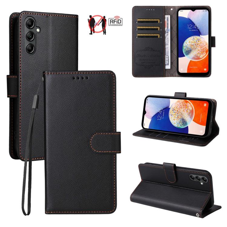 Funda de cuero con textura Litchi para Samsung Galaxy A14 4G/5G, con bloqueo RFID y capacidad para 3 tarjetas (negro)