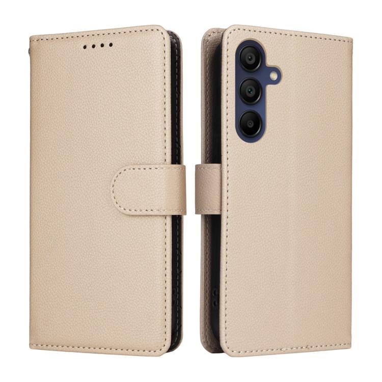 Funda de cuero tipo billetera con bloqueo RFID para Samsung Galaxy A15 4G/5G, textura Litchi, para 3 tarjetas (beige)
