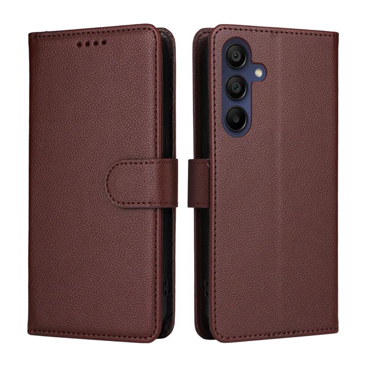 Funda de cuero con textura Litchi para Samsung Galaxy A15 4G/5G, con bloqueo RFID y capacidad para 3 tarjetas (marrón)