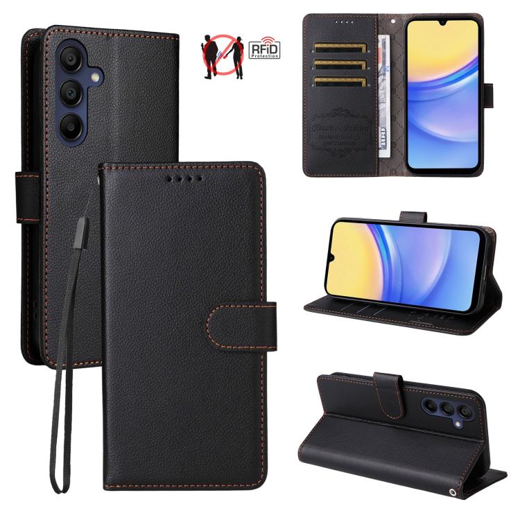 Funda de cuero con textura Litchi para Samsung Galaxy A15 4G/5G, con bloqueo RFID y capacidad para 3 tarjetas (negra)