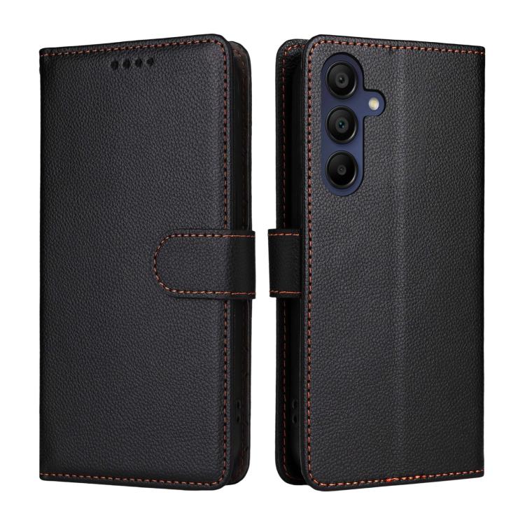 Funda de cuero con textura Litchi para Samsung Galaxy A15 4G/5G, con bloqueo RFID y capacidad para 3 tarjetas (negra)