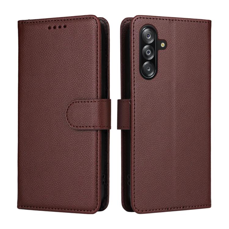 Funda de cuero con textura Litchi para Samsung Galaxy A16 4G/5G/A26, con bloqueo RFID y capacidad para 3 tarjetas (marrón)