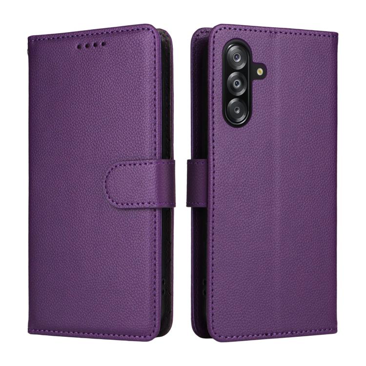 Funda de cuero tipo billetera con bloqueo RFID para Samsung Galaxy A16 4G/5G/A26, con textura de lichi, para 3 tarjetas (morado)