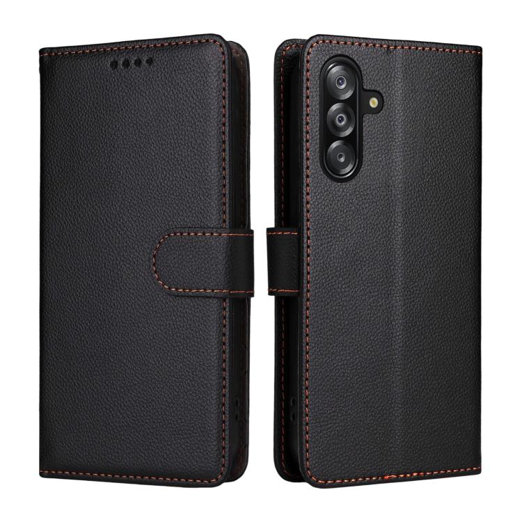 Funda de cuero tipo billetera con bloqueo RFID para Samsung Galaxy A16 4G/5G/A26, con textura Litchi y capacidad para 3 tarjetas (negra)