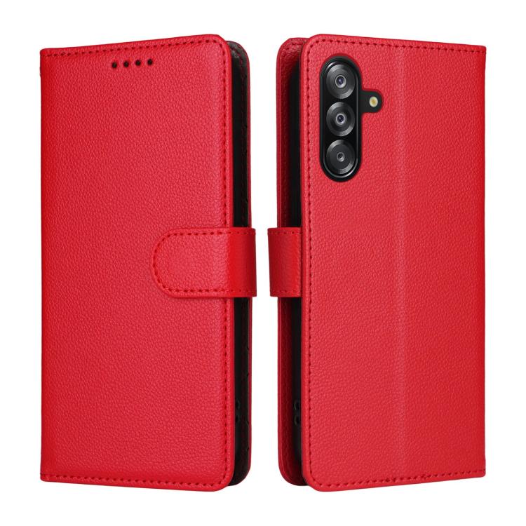 Funda de cuero tipo billetera con bloqueo RFID para Samsung Galaxy A16 4G/5G/A26, con textura Litchi y capacidad para 3 tarjetas (roja)