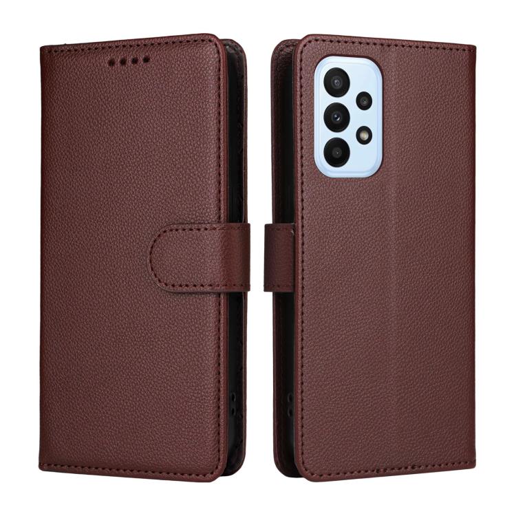 Funda de cuero tipo billetera con bloqueo RFID para Samsung Galaxy A23 4G/5G/F23, con textura de lichi, para 3 tarjetas (marrón)