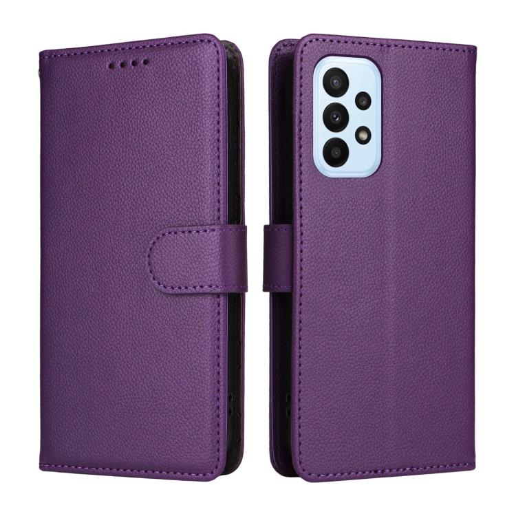 Funda de cuero tipo billetera con bloqueo RFID para Samsung Galaxy A23 4G/5G/F23, con textura Litchi y capacidad para 3 tarjetas (morado)