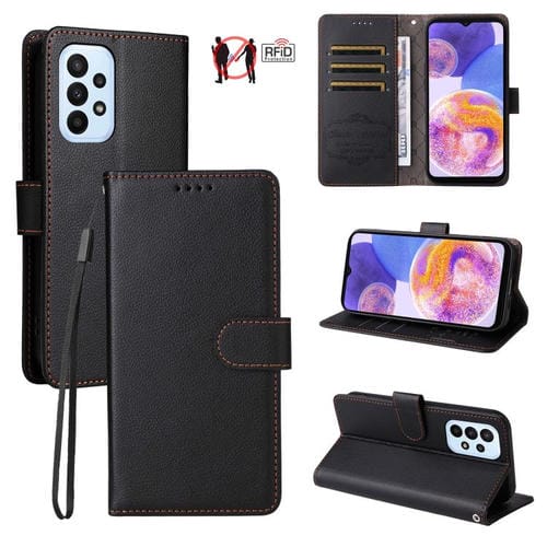 Funda de cuero tipo billetera con bloqueo RFID para Samsung Galaxy A23 4G/5G/F23 (textura Litchi, compatible con 3 tarjetas) (negro)