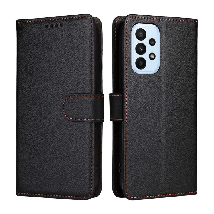 Funda de cuero tipo billetera con bloqueo RFID para Samsung Galaxy A23 4G/5G/F23 (textura Litchi, compatible con 3 tarjetas) (negro)