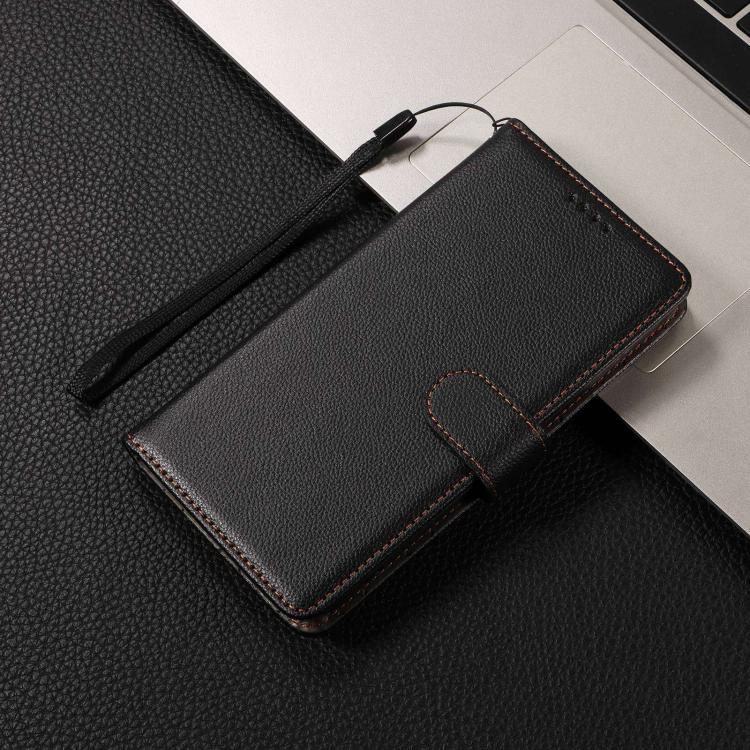 Funda de cuero tipo billetera con bloqueo RFID para Samsung Galaxy A23 4G/5G/F23 (textura Litchi, compatible con 3 tarjetas) (negro)