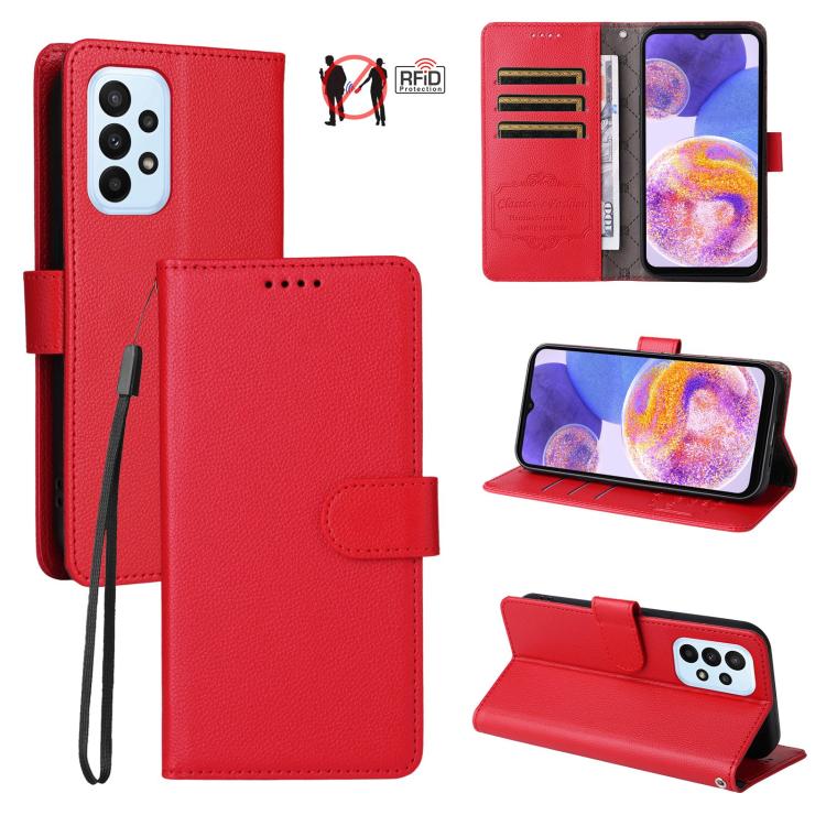 Funda de cuero tipo billetera con bloqueo RFID para Samsung Galaxy A23 4G/5G/F23, con textura Litchi y capacidad para 3 tarjetas (roja)