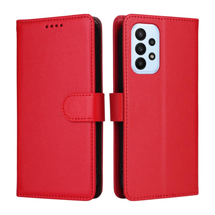 Funda de cuero tipo billetera con bloqueo RFID para Samsung Galaxy A23 4G/5G/F23, con textura Litchi y capacidad para 3 tarjetas (roja)