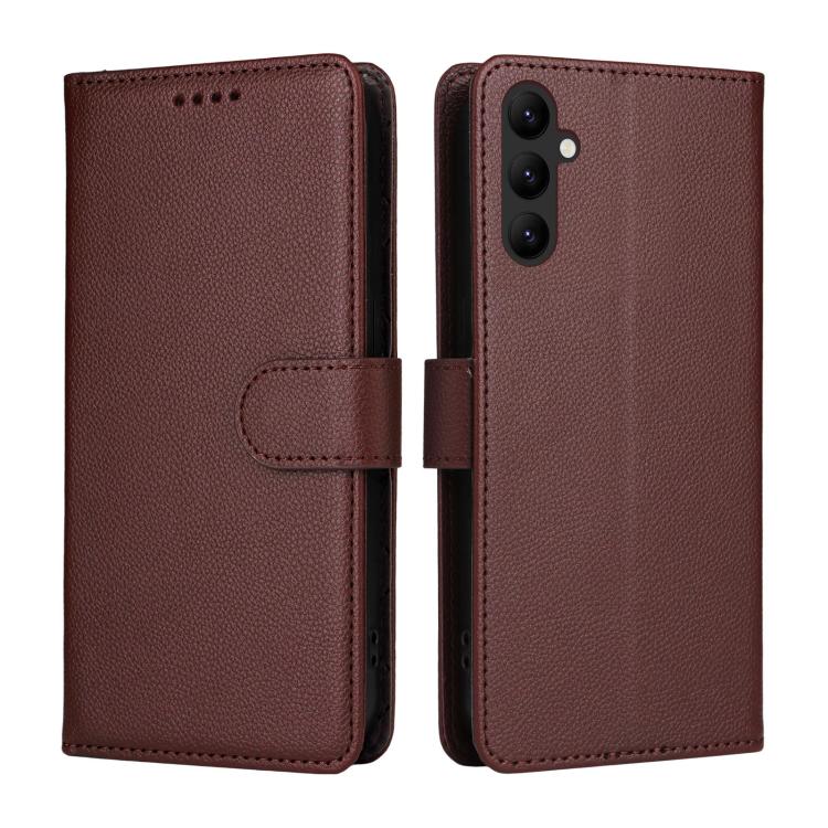 Funda de cuero con textura Litchi para Samsung Galaxy A24 4G, con bloqueo RFID y capacidad para 3 tarjetas (marrón)