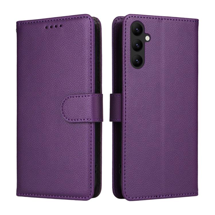 Funda de cuero tipo billetera para Samsung Galaxy A24 4G con textura Litchi y bloqueo RFID para 3 tarjetas (morado)