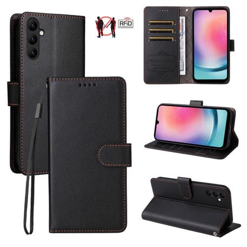 Funda de cuero con textura Litchi para Samsung Galaxy A24 4G, con bloqueo RFID y capacidad para 3 tarjetas (negro)