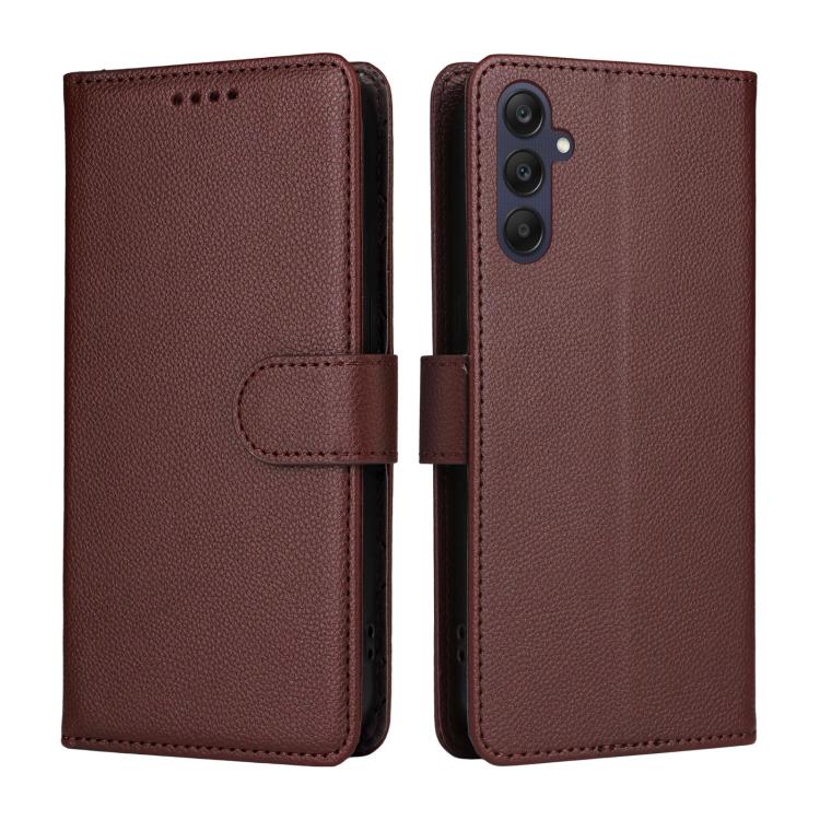 Funda de cuero con textura Litchi Global para Samsung Galaxy A25 5G, con bloqueo RFID y capacidad para 3 tarjetas (marrón)