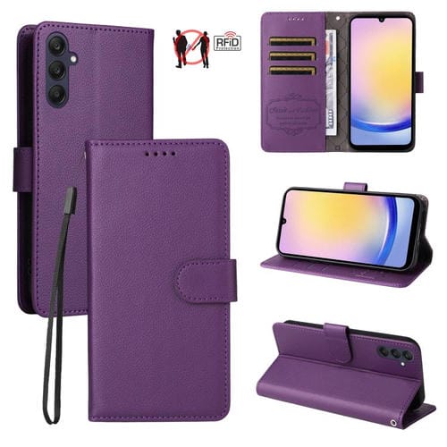 Funda de cuero con textura Litchi Global para Samsung Galaxy A25 5G, con bloqueo RFID y capacidad para 3 tarjetas (morado)