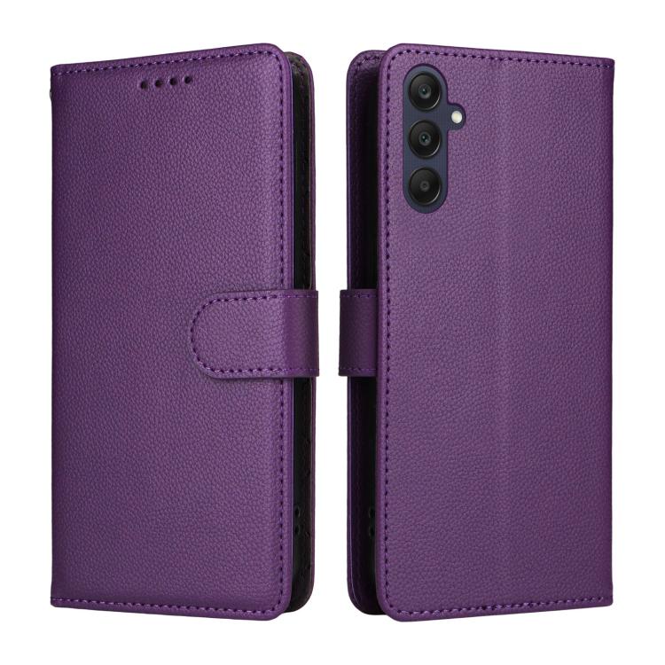 Funda de cuero con textura Litchi Global para Samsung Galaxy A25 5G, con bloqueo RFID y capacidad para 3 tarjetas (morado)
