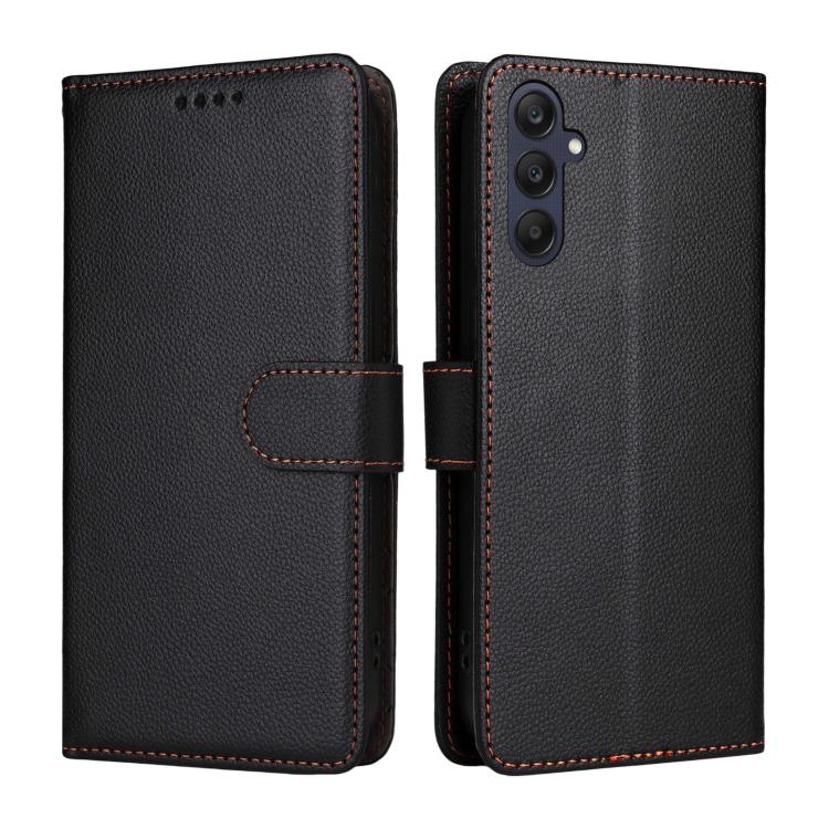 Funda de cuero con textura Litchi Global para Samsung Galaxy A25 5G, con bloqueo RFID y capacidad para 3 tarjetas (negro)