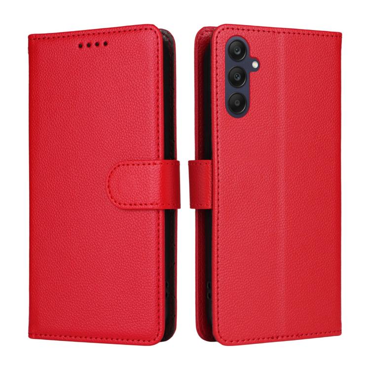 Funda de cuero con textura Litchi Global para Samsung Galaxy A25 5G, con bloqueo RFID y capacidad para 3 tarjetas (roja)