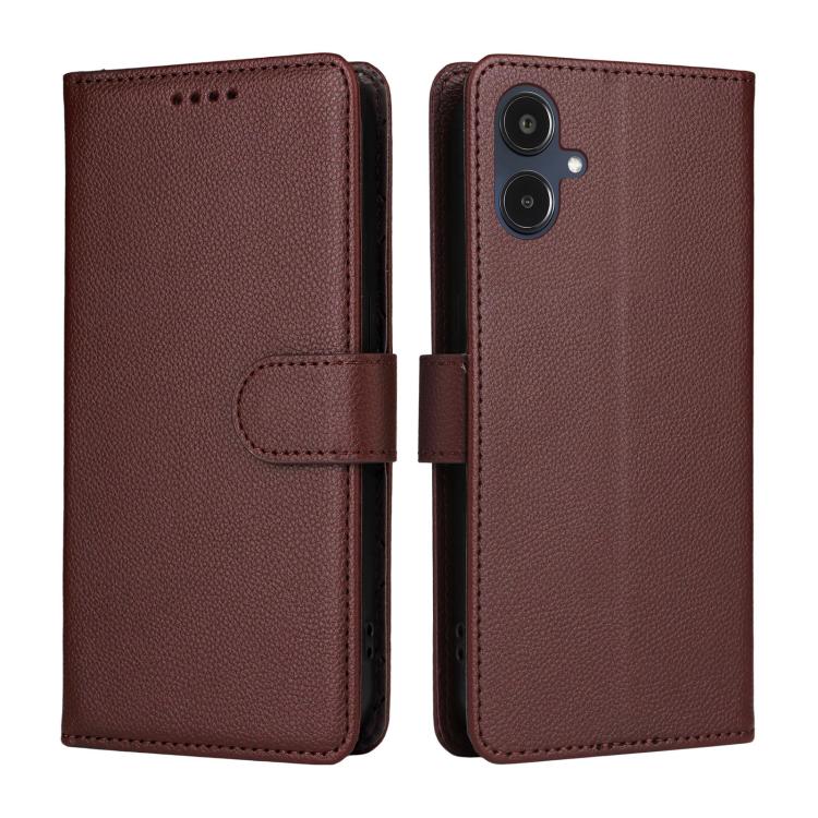 Funda de cuero con textura Litchi para Samsung Galaxy A25e, con bloqueo RFID y capacidad para 3 tarjetas (marrón)