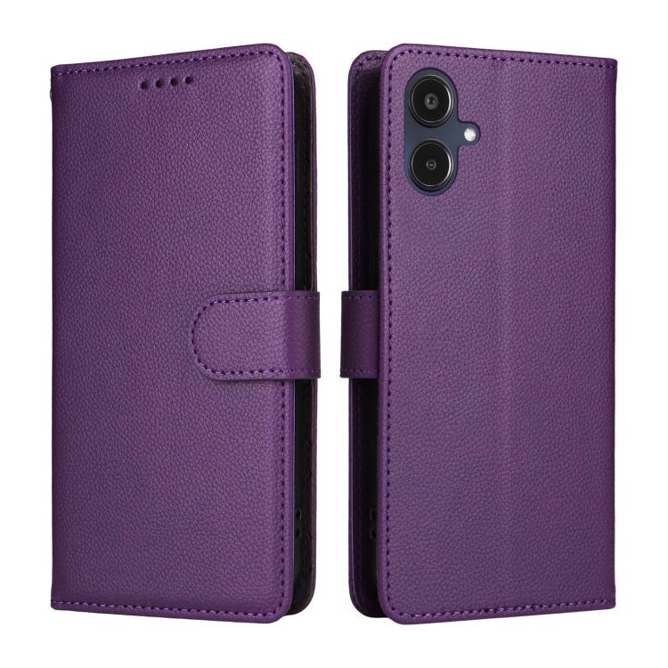 Funda de cuero tipo billetera con bloqueo RFID para Samsung Galaxy A25e, textura Litchi, para 3 tarjetas (morado)