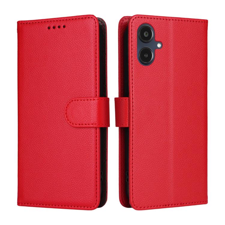 Funda de cuero tipo billetera con bloqueo RFID para Samsung Galaxy A25e, textura Litchi, para 3 tarjetas (roja)