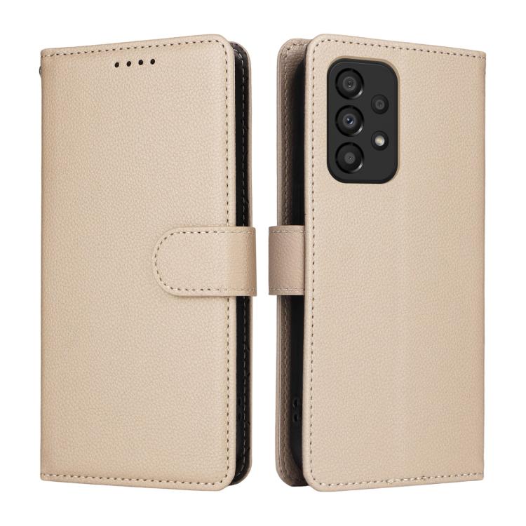 Funda de cuero tipo billetera con bloqueo RFID para Samsung Galaxy A33 5G, textura Litchi, para 3 tarjetas (beige)