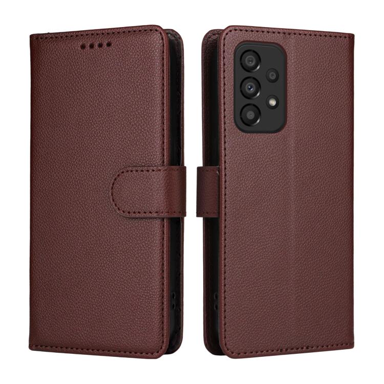 Funda de cuero con textura Litchi para Samsung Galaxy A33 5G, con bloqueo RFID y capacidad para 3 tarjetas (marrón)