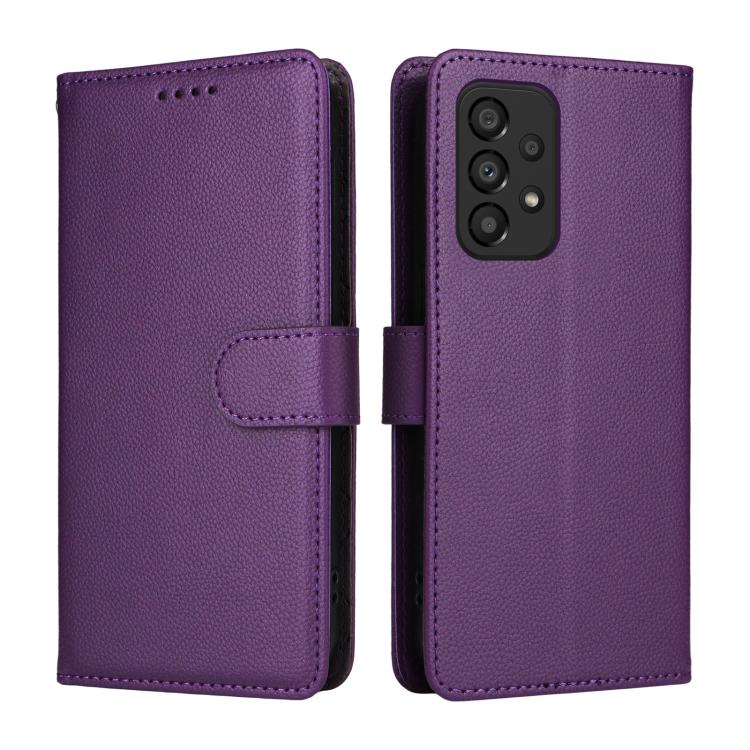 Funda de cuero tipo billetera con bloqueo RFID para Samsung Galaxy A33 5G, textura Litchi, para 3 tarjetas (morado)