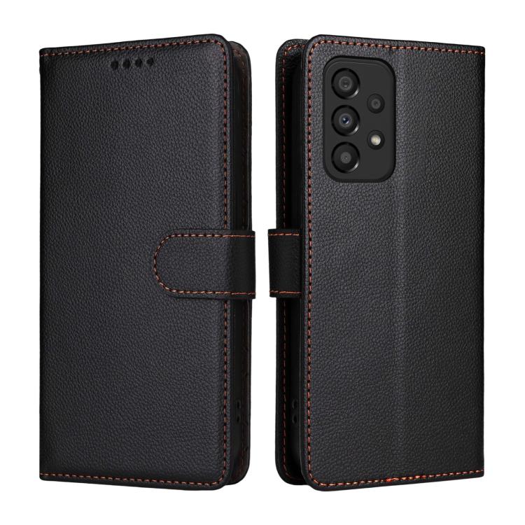 Funda de cuero con textura Litchi para Samsung Galaxy A33 5G, con bloqueo RFID y capacidad para 3 tarjetas (negro)