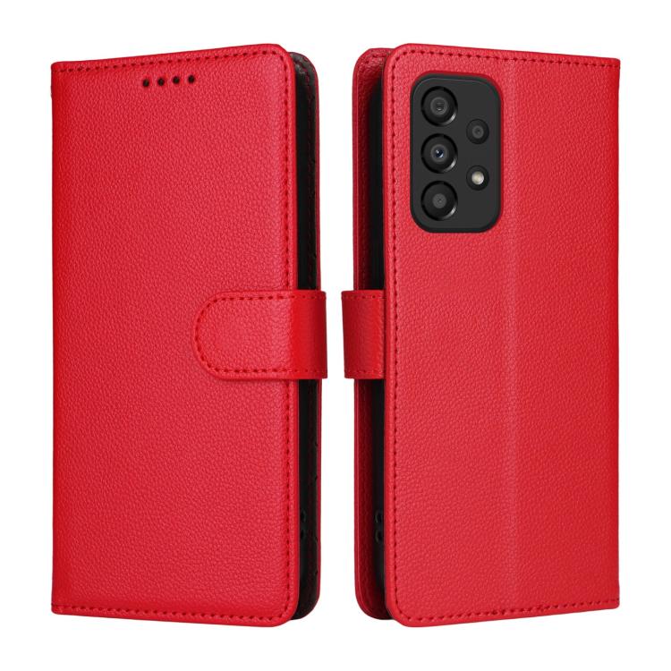 Funda de cuero con textura Litchi para Samsung Galaxy A33 5G, con bloqueo RFID y capacidad para 3 tarjetas (roja)