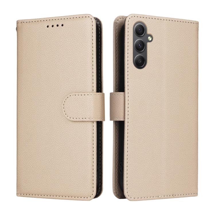 Funda de cuero tipo billetera con bloqueo RFID para Samsung Galaxy A34 5G, textura Litchi, para 3 tarjetas (beige)