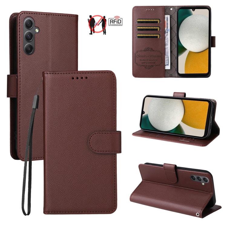 Funda de cuero con textura Litchi para Samsung Galaxy A34 5G, con bloqueo RFID y capacidad para 3 tarjetas (marrón)