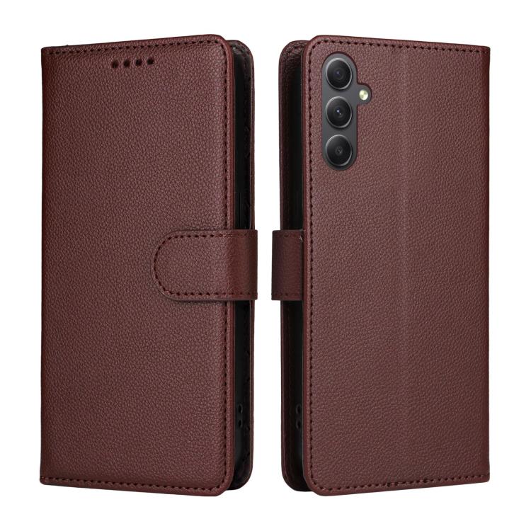 Funda de cuero con textura Litchi para Samsung Galaxy A34 5G, con bloqueo RFID y capacidad para 3 tarjetas (marrón)