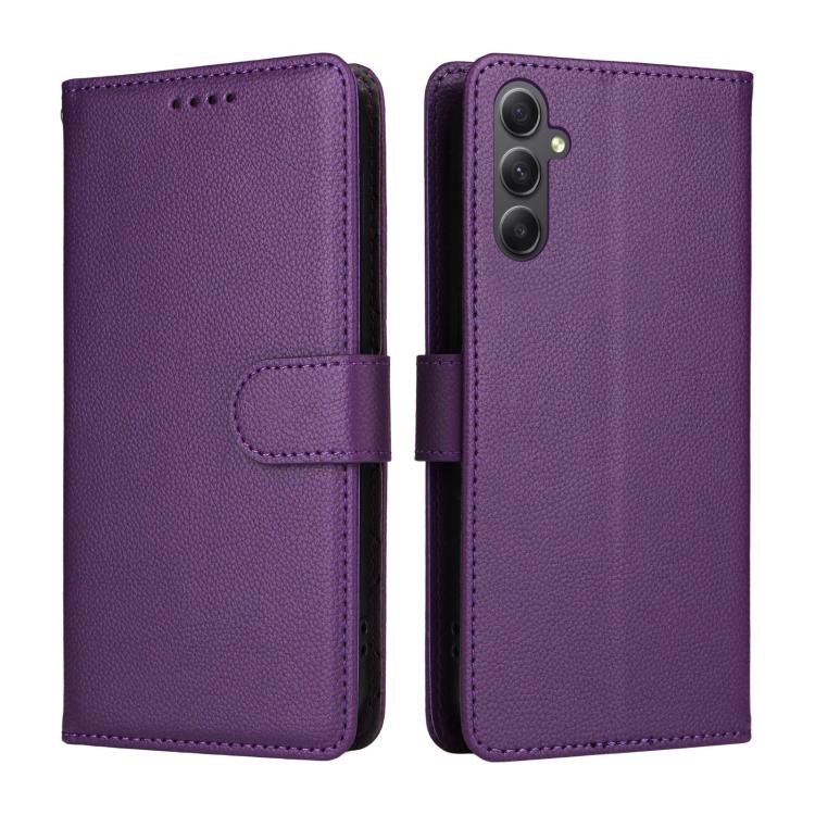 Funda de cuero tipo billetera con bloqueo RFID para Samsung Galaxy A34 5G, textura Litchi, para 3 tarjetas (morado)