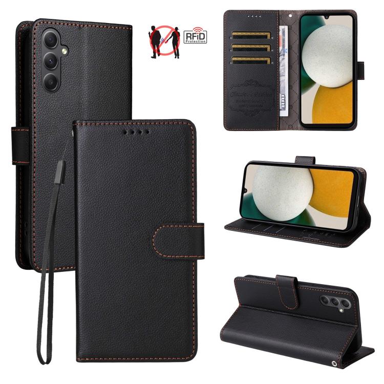 Funda de cuero con textura Litchi para Samsung Galaxy A34 5G, con bloqueo RFID y capacidad para 3 tarjetas (negro)