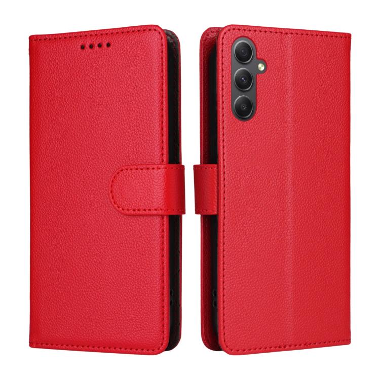 Funda de cuero con textura Litchi para Samsung Galaxy A34 5G, con bloqueo RFID y capacidad para 3 tarjetas (roja)