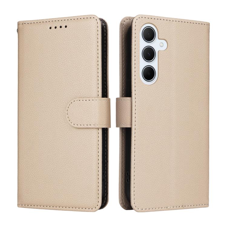 Funda de cuero tipo billetera con textura Litchi y bloqueo RFID para Samsung Galaxy A35 5G (beige)
