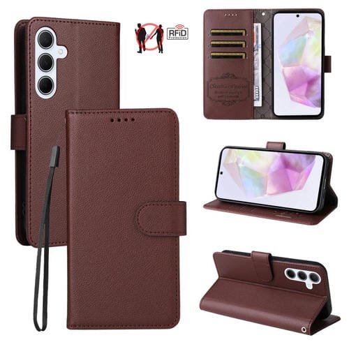 Funda de cuero con textura Litchi para Samsung Galaxy A35 5G, con bloqueo RFID y capacidad para 3 tarjetas (marrón)