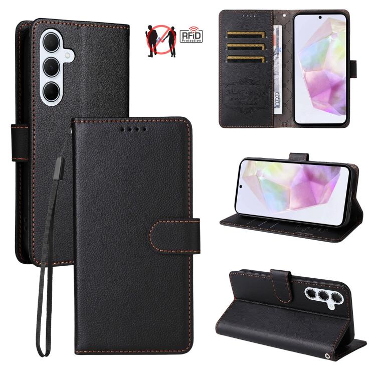 Funda de cuero con textura Litchi para Samsung Galaxy A35 5G, con bloqueo RFID y capacidad para 3 tarjetas (negro)