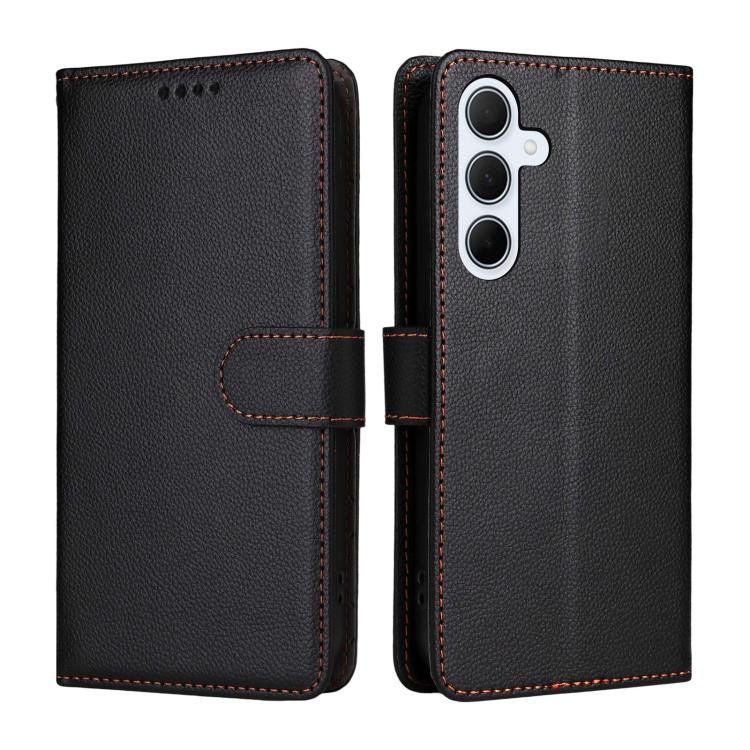 Funda de cuero con textura Litchi para Samsung Galaxy A35 5G, con bloqueo RFID y capacidad para 3 tarjetas (negro)
