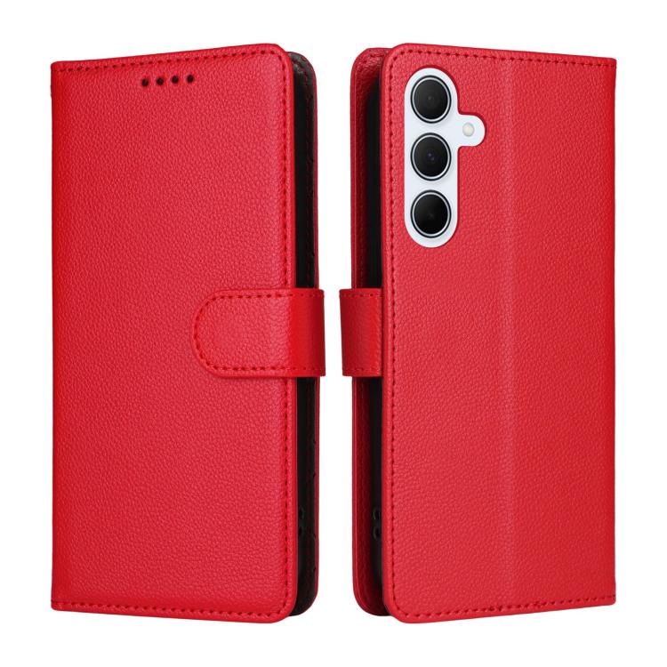 Funda de cuero con textura Litchi para Samsung Galaxy A35 5G, con bloqueo RFID y capacidad para 3 tarjetas (roja)