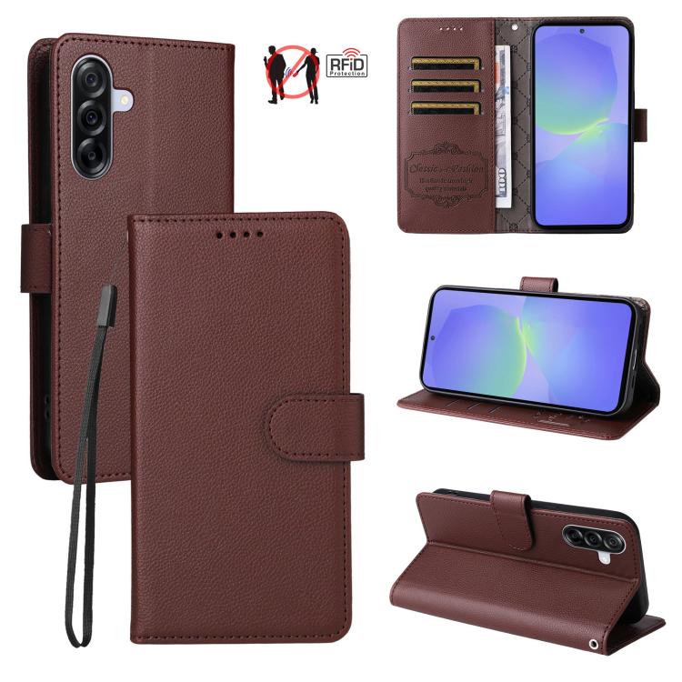 Funda de cuero con textura Litchi para Samsung Galaxy A36 5G, con bloqueo RFID y capacidad para 3 tarjetas (marrón)