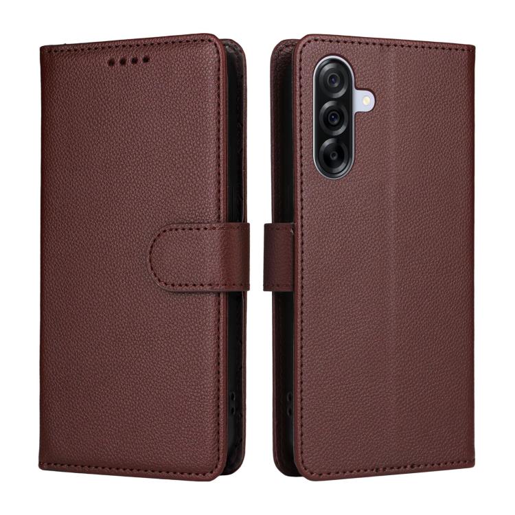 Funda de cuero con textura Litchi para Samsung Galaxy A36 5G, con bloqueo RFID y capacidad para 3 tarjetas (marrón)