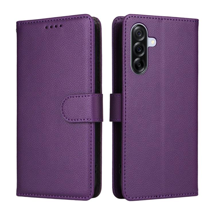 Funda de cuero tipo billetera con bloqueo RFID para Samsung Galaxy A36 5G, textura Litchi, para 3 tarjetas (morado)