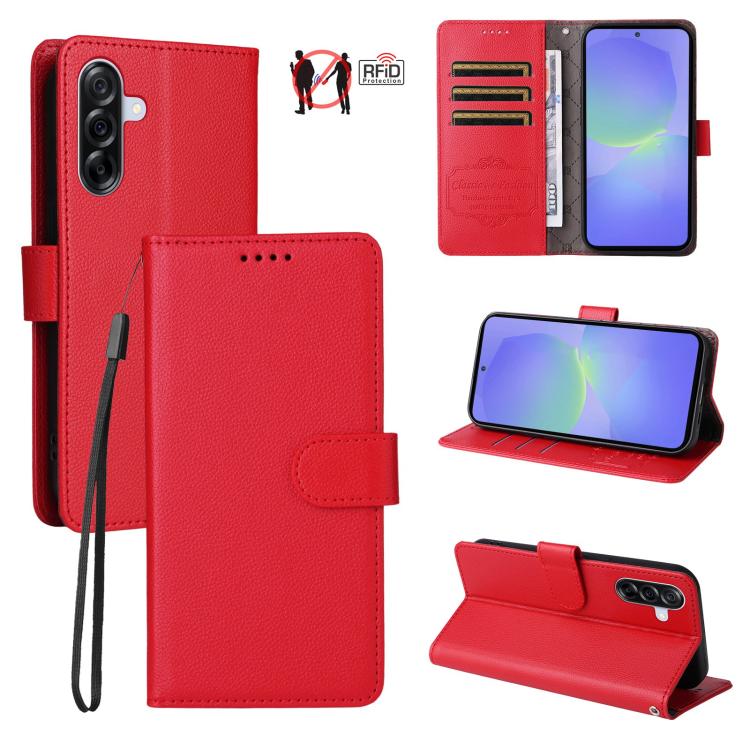 Funda de cuero con textura Litchi para Samsung Galaxy A36 5G, con bloqueo RFID y capacidad para 3 tarjetas (roja)